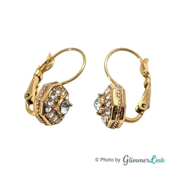 Octagonal Clear Rhinestone Leverback Gold Tone Drop Earrings - Picture 4 of 11